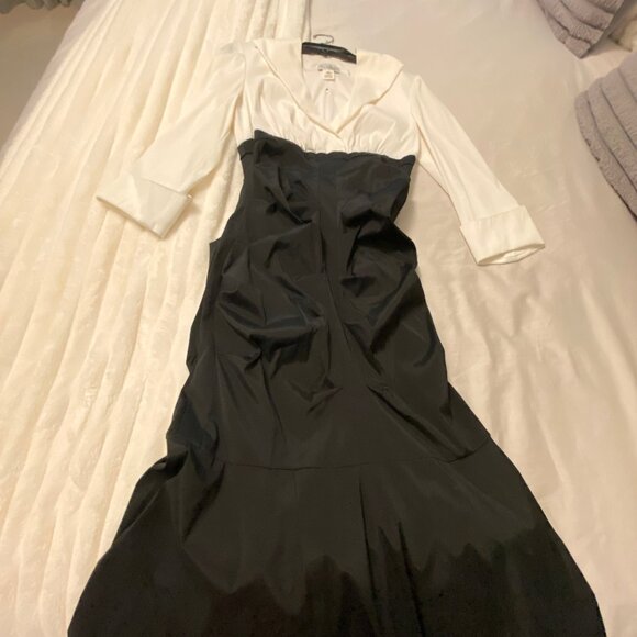 Belissima Formal Wide Lapel 3/4 sleeve Mermaid Gown Ivory & Black Ruched Size 8 - Picture 3 of 11